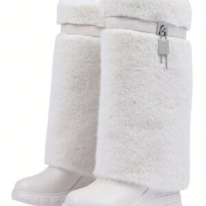 Beige Outdoor Women's Fluffy Knee Snow Boots